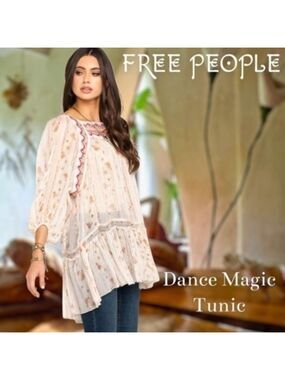 FREE PEOPLE NWT Dance Magic Sheer Embroidered Yoke Tunic-Ivory Combo/Md